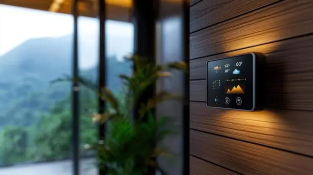 Smart thermostat mounted on a wall 