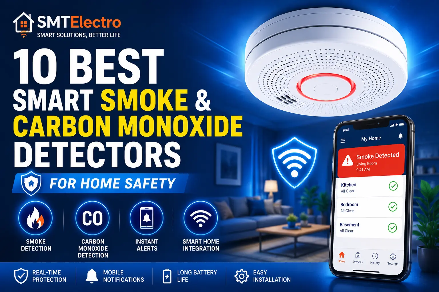 Modern smart smoke and carbon monoxide detector installed on a ceiling with smartphone safety alerts.