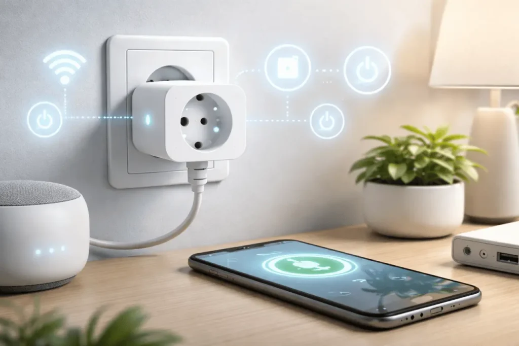 Modern smart plug controlling a lamp through a smartphone app in a smart home.