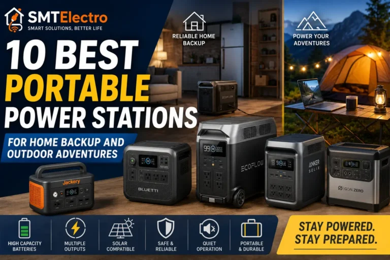 Portable power station providing backup electricity for home appliances and outdoor camping equipment.