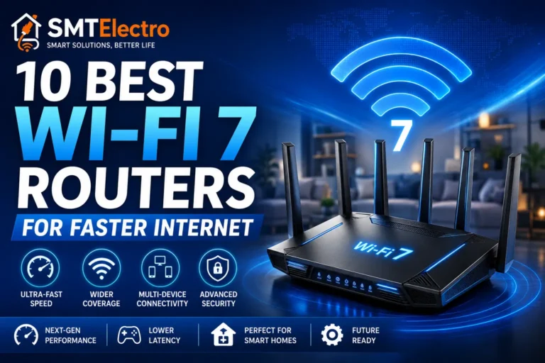 Modern Wi-Fi 7 router providing high-speed wireless internet throughout a smart home.