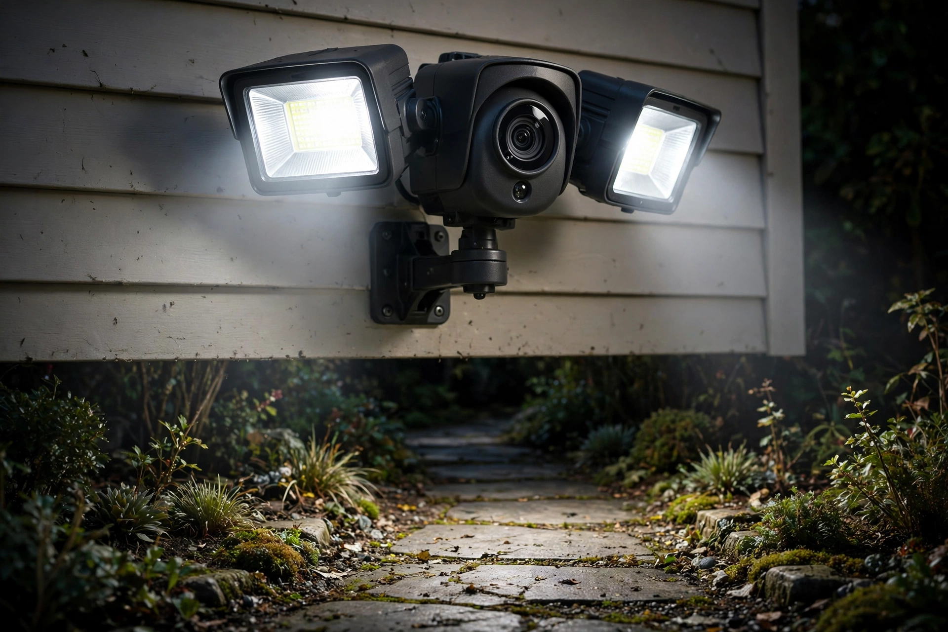 Floodlight camera mounted on a house wall lighting a garden path