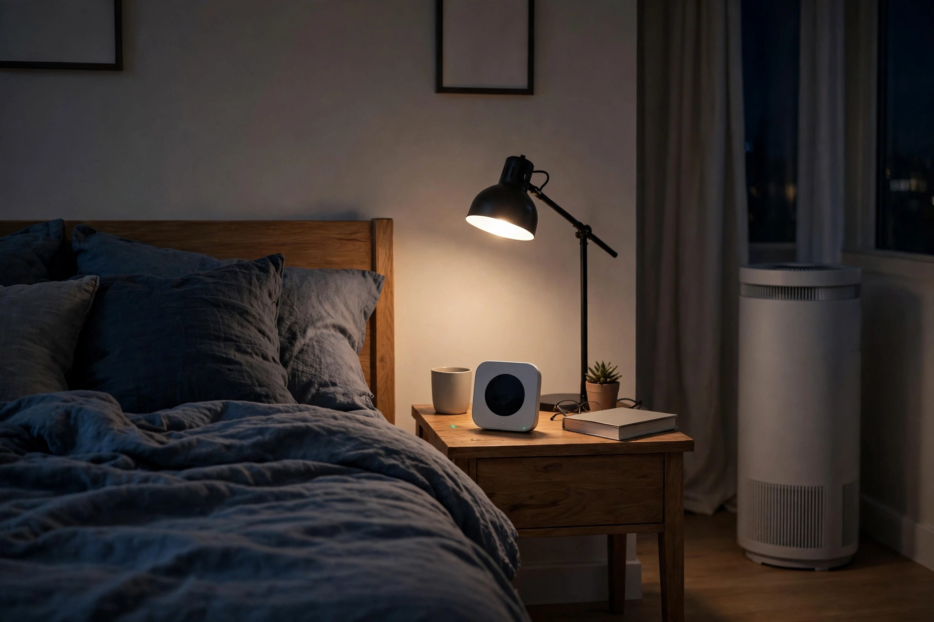 Small indoor air quality monitor on a bedside table in a bedroom at night