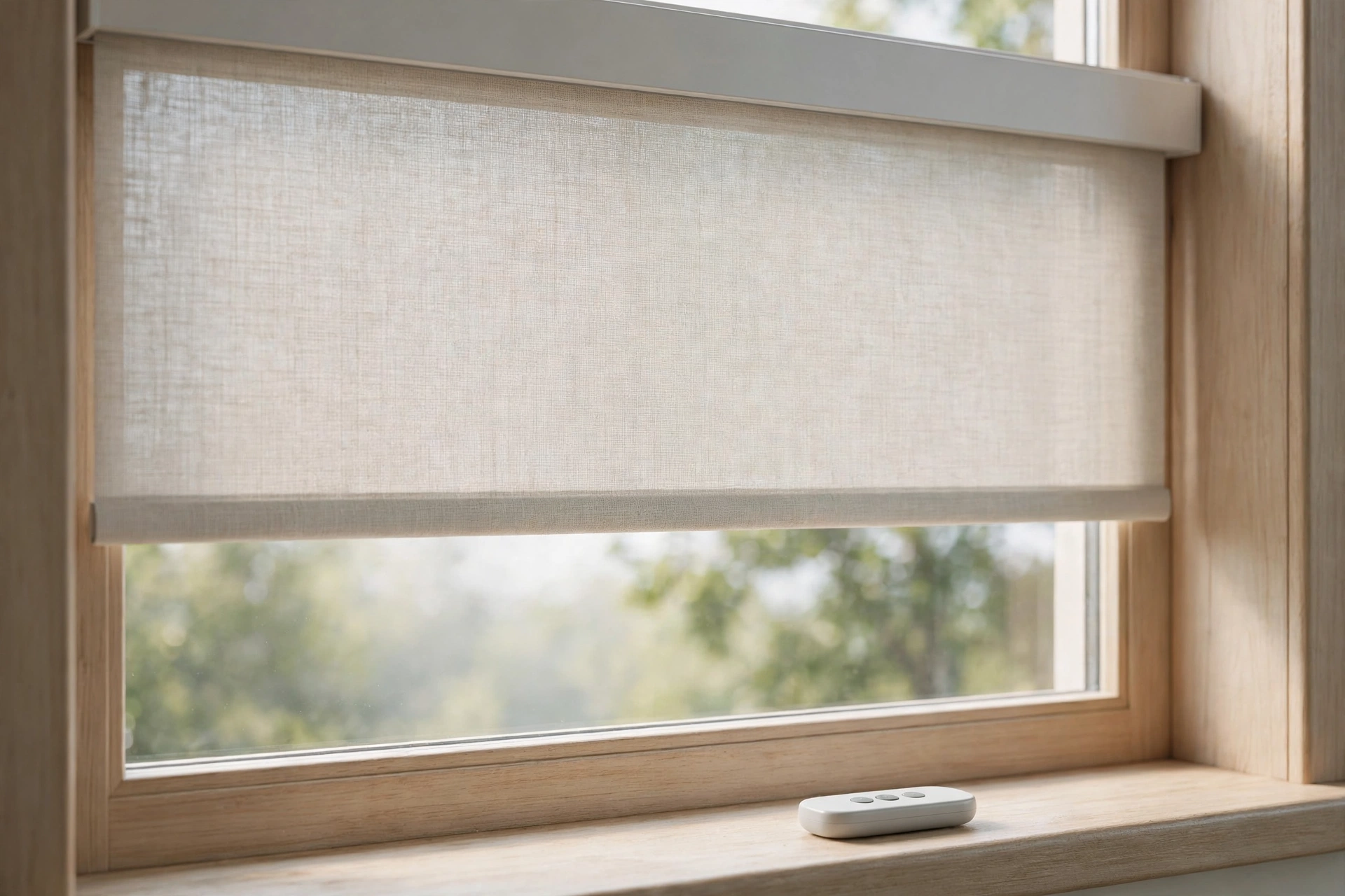 Window with smart blinds in a living room