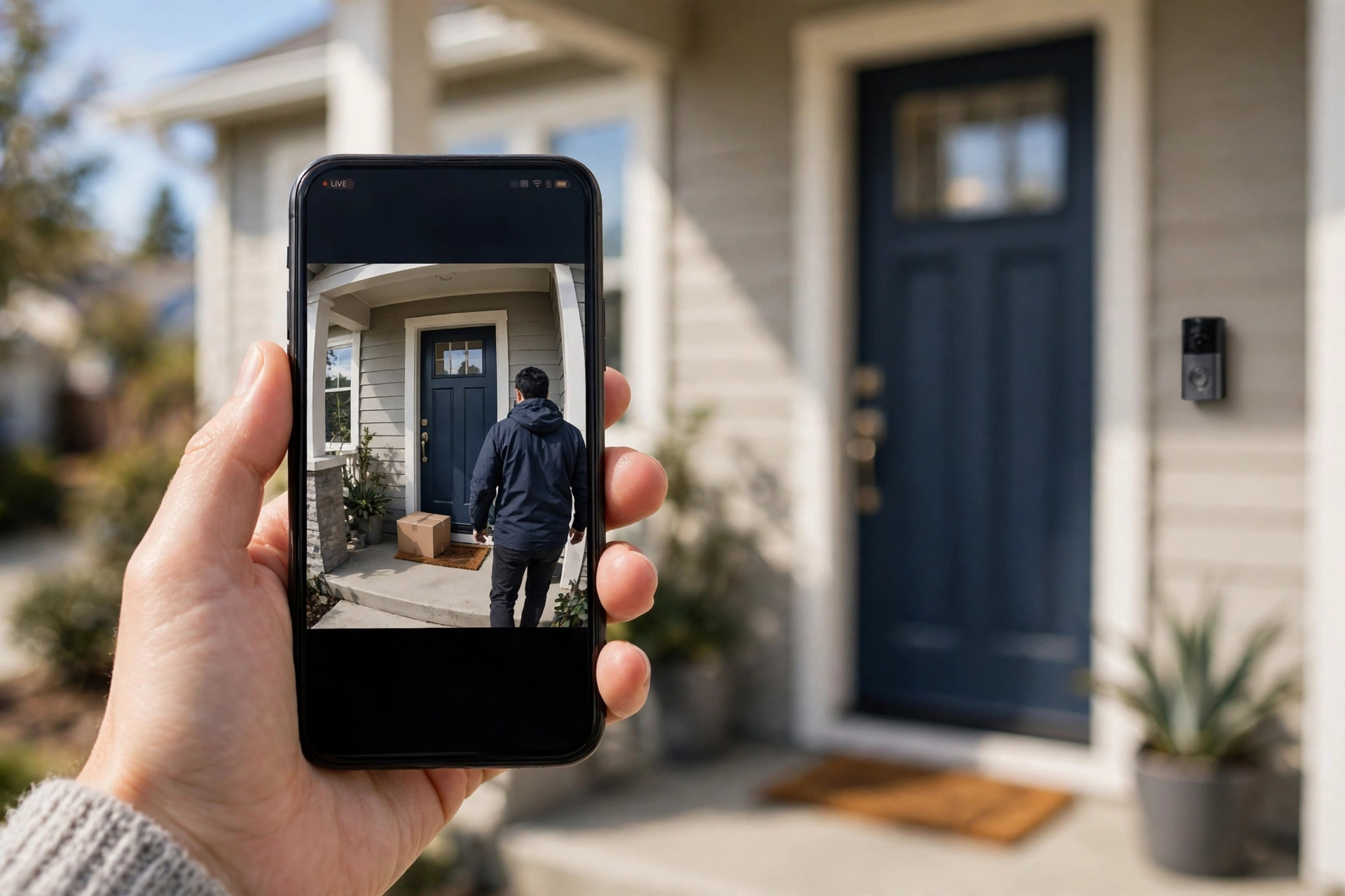 Video doorbell live view on a smartphone at the front door
