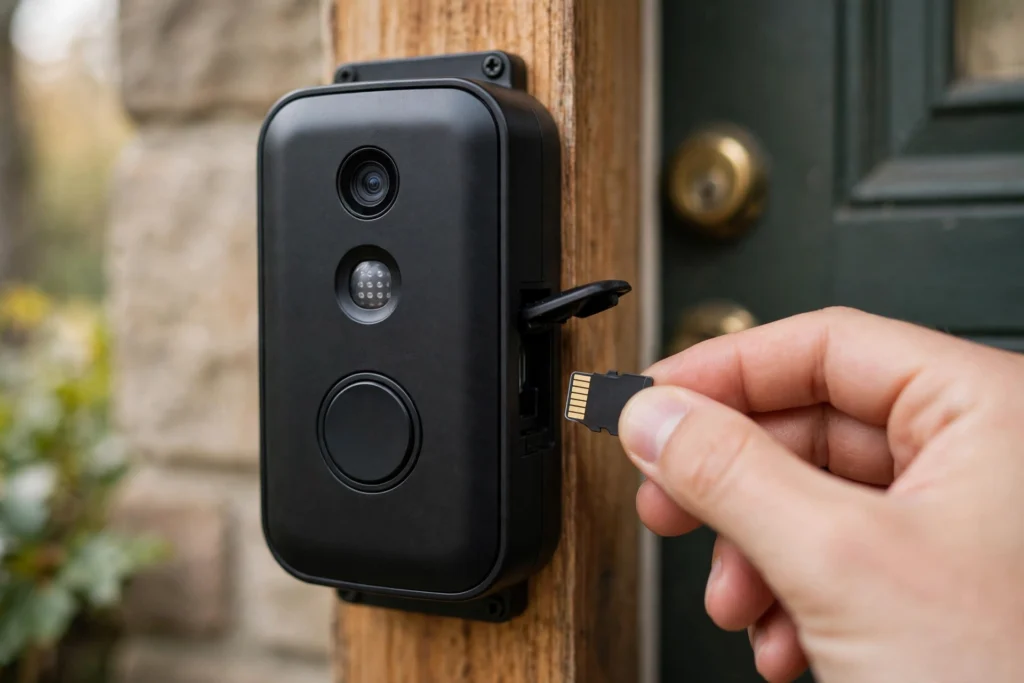 Inserting a memory card into a video doorbell for local storage