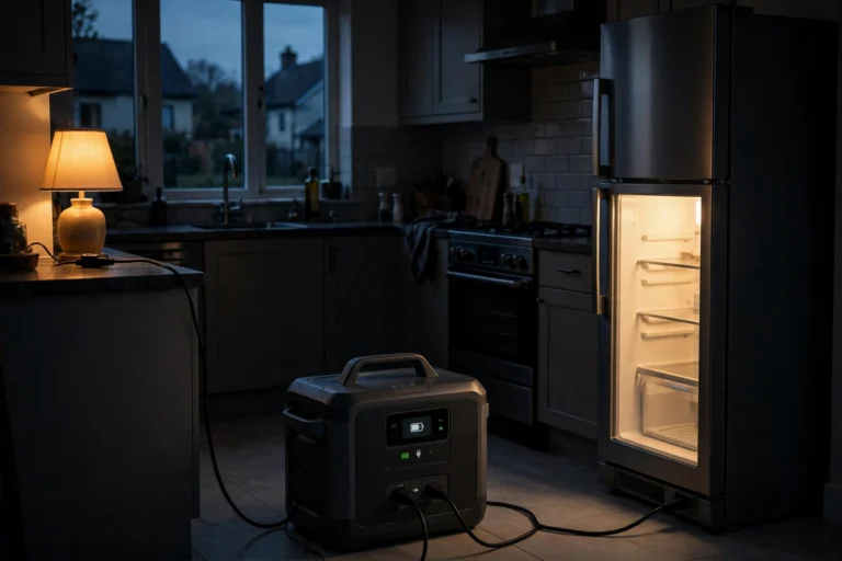 Portable power station powering a fridge and lamp during an outage