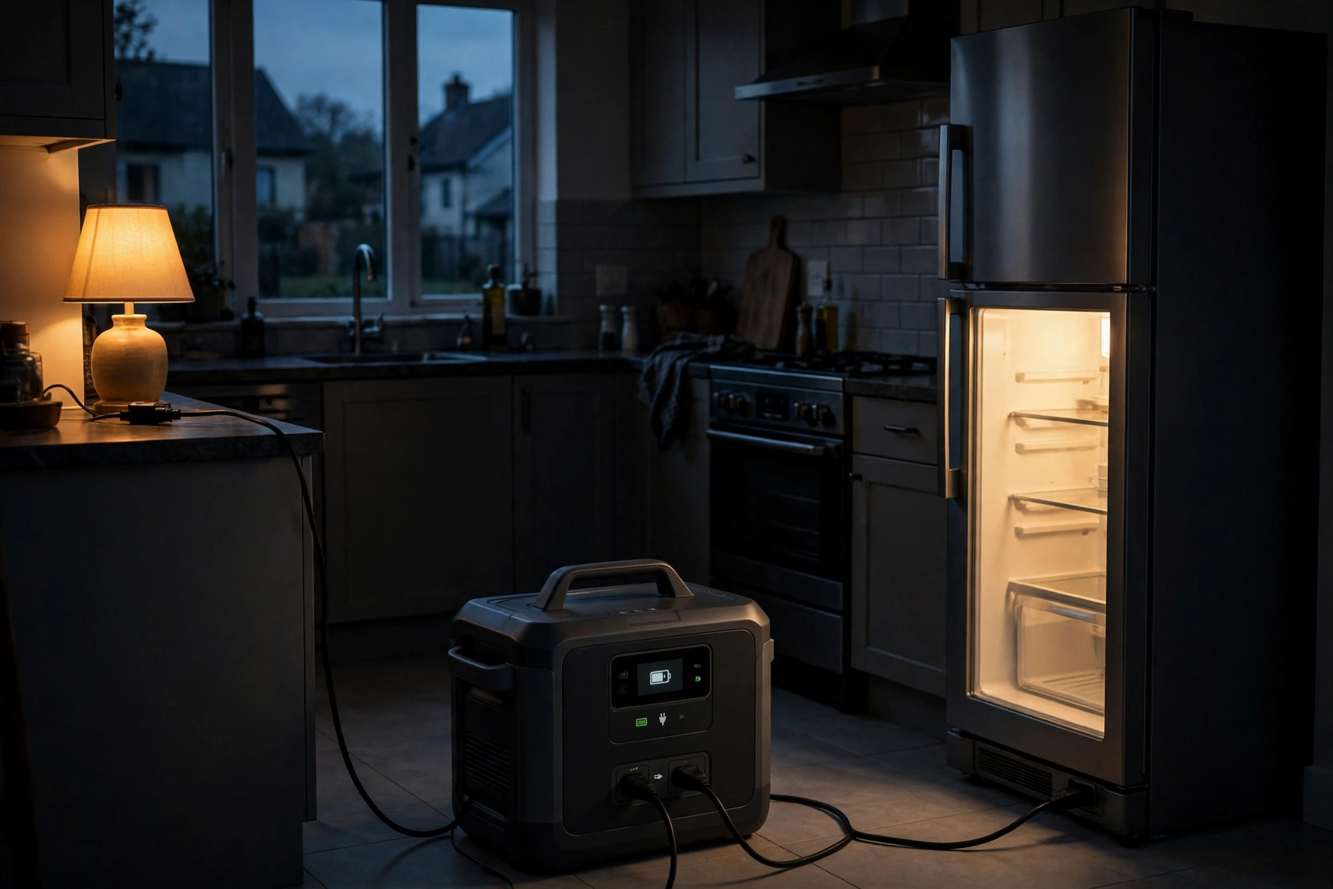 Portable power station powering a fridge and lamp during an outage