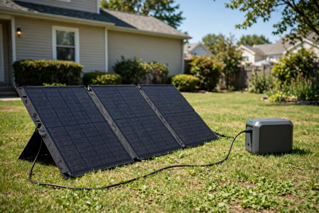 Portable solar panel recharging a power station in a backyard