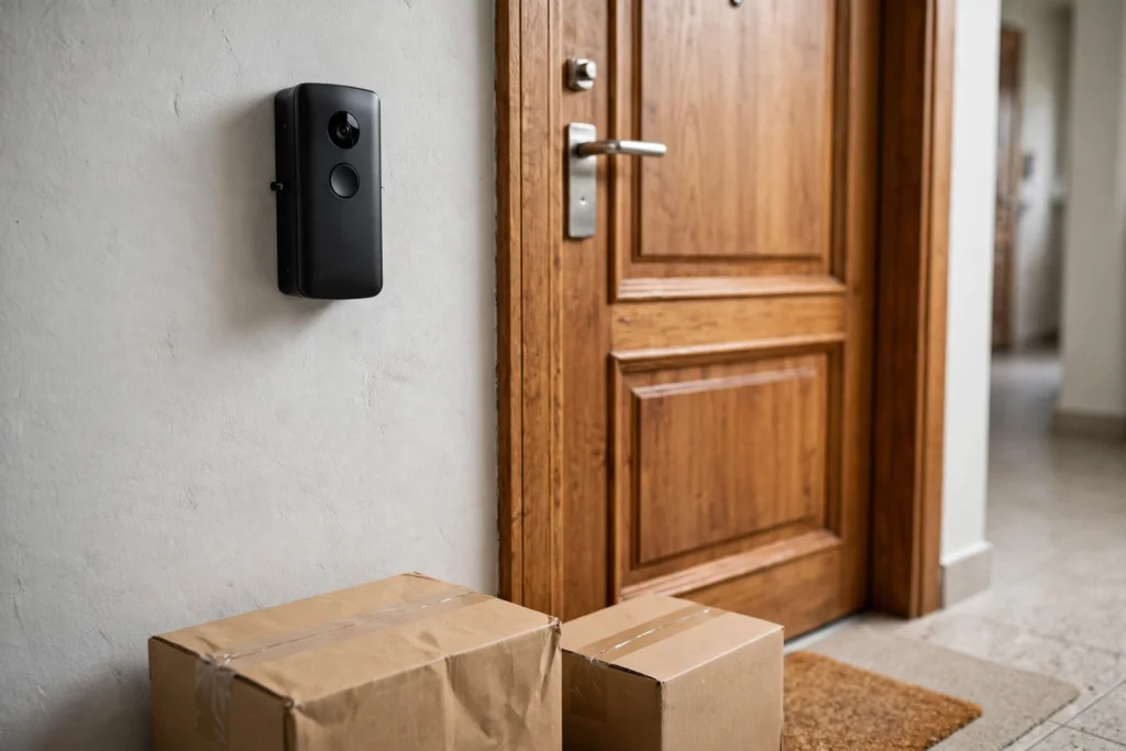 Battery video doorbell mounted beside an apartment door