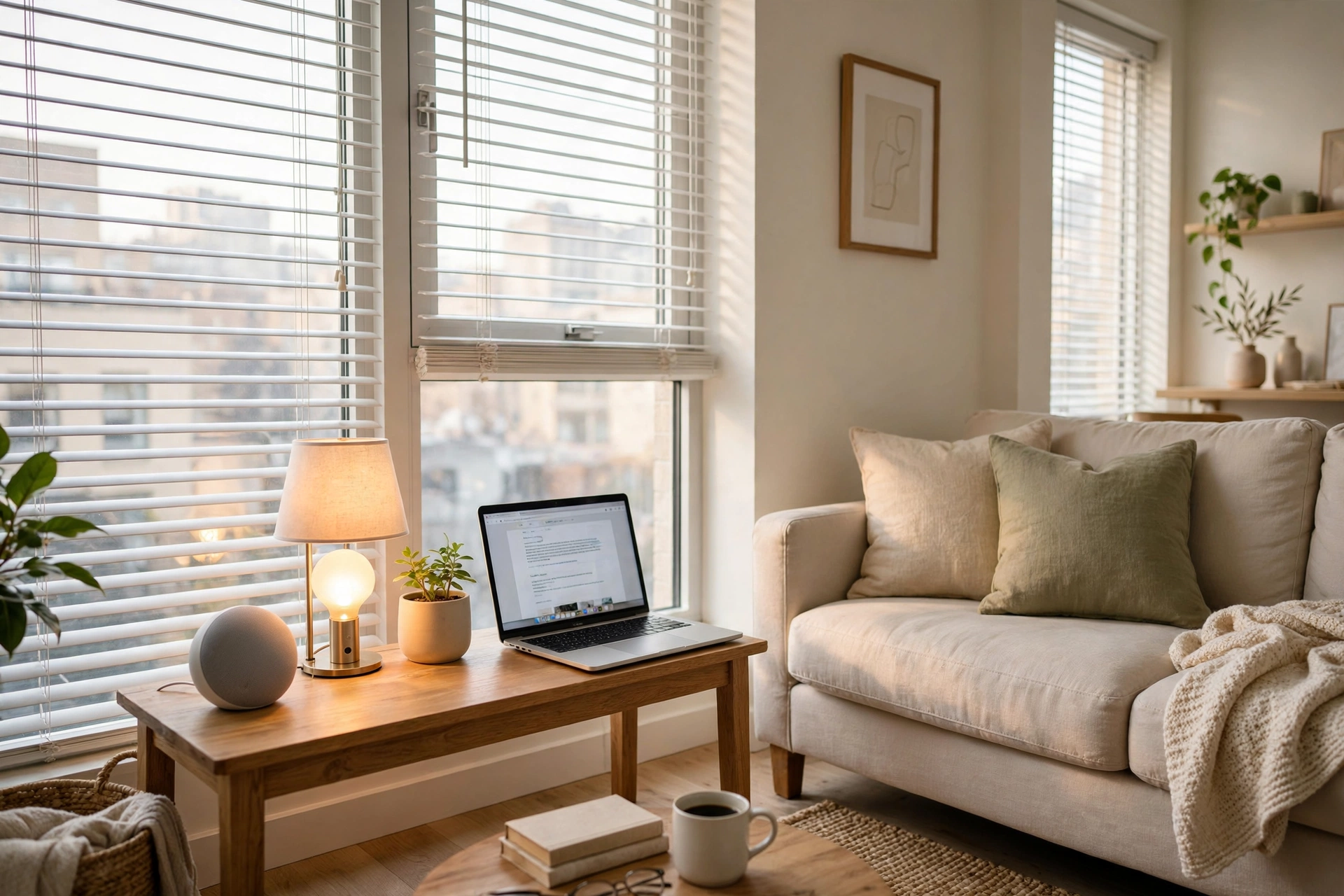 Smart home devices in a bright apartment living room