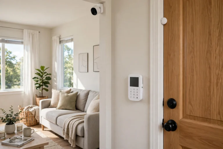 Home security hub and camera in a living room