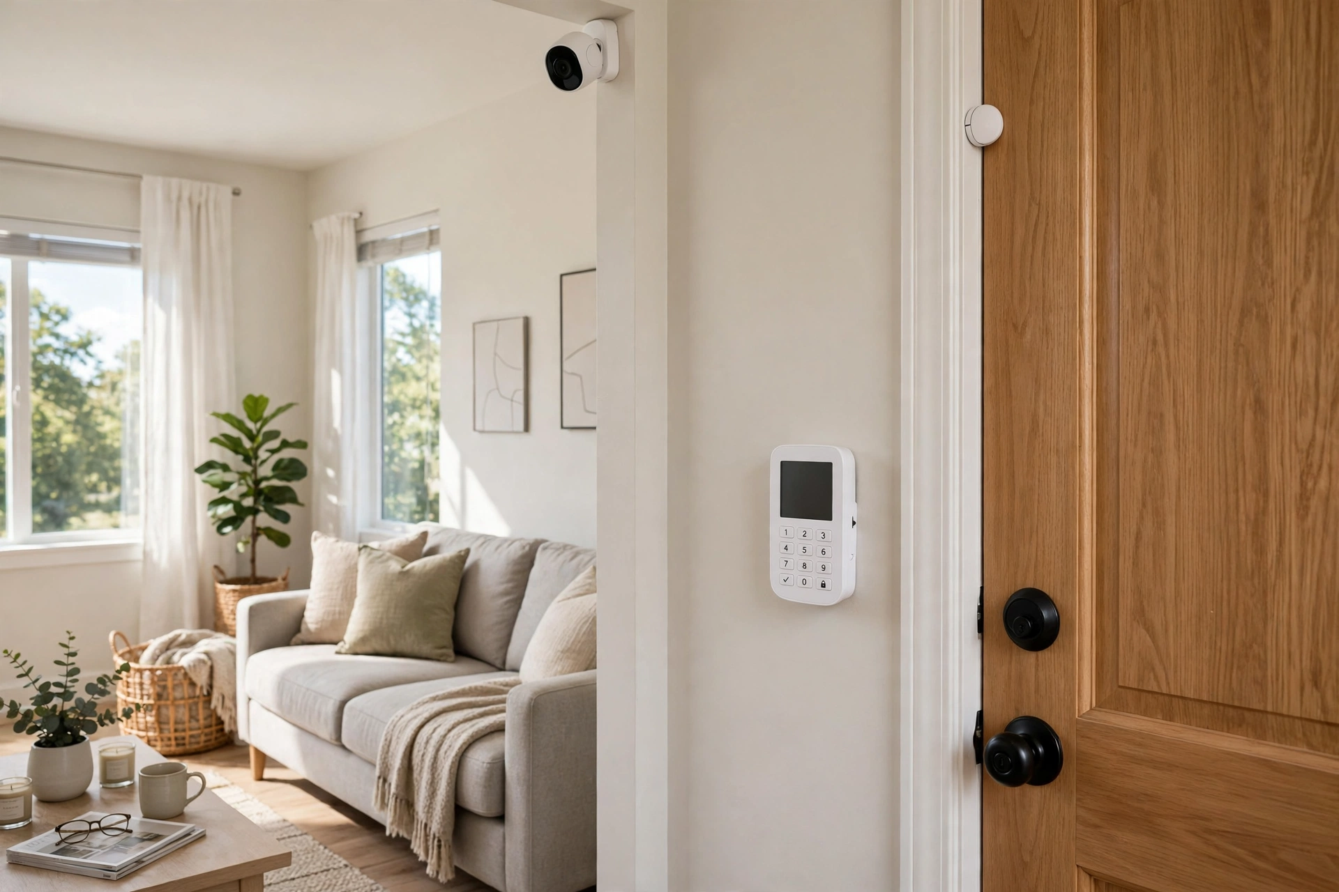 Home security hub and camera in a living room