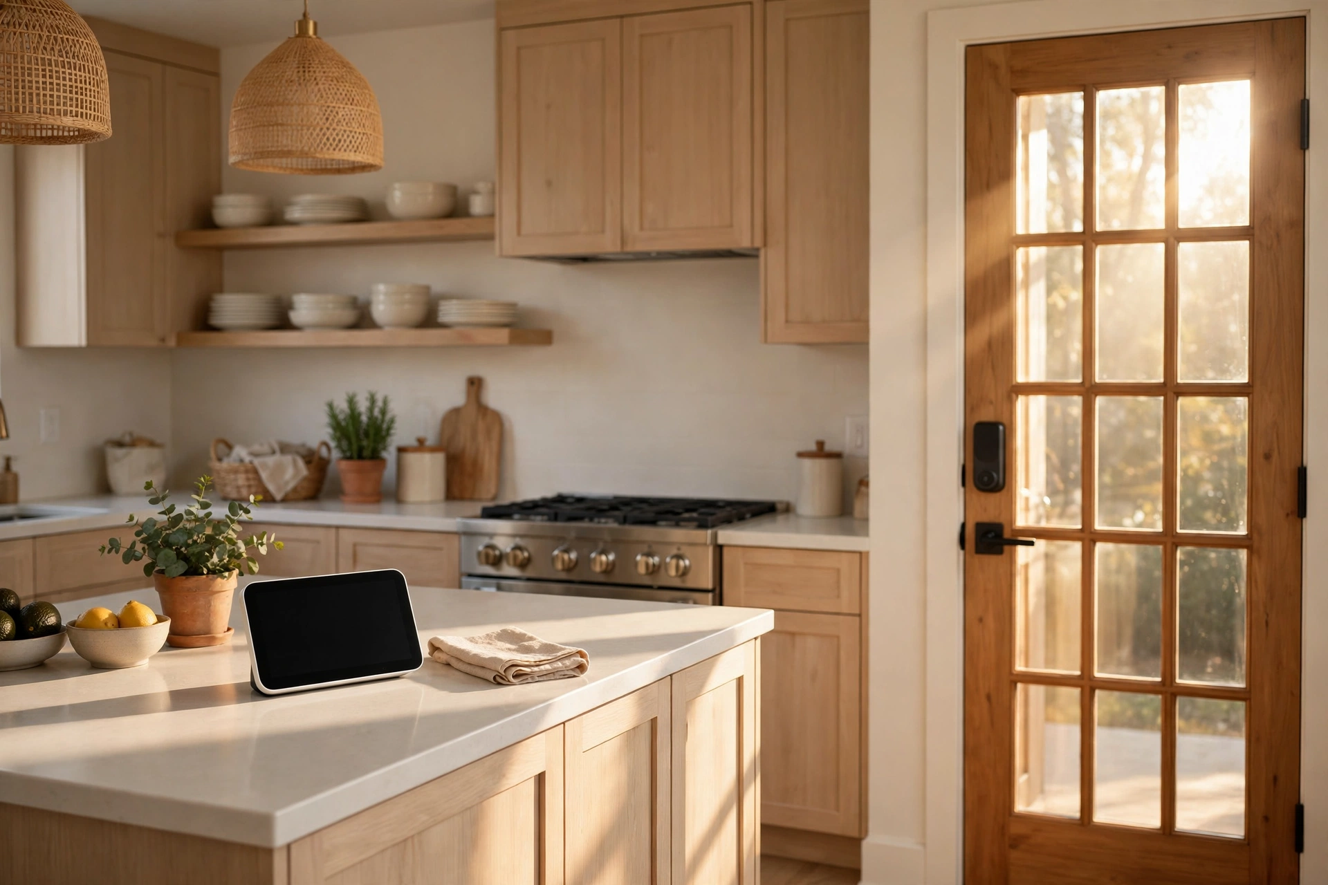 Smart display and easy-to-use devices in a senior-friendly kitchen