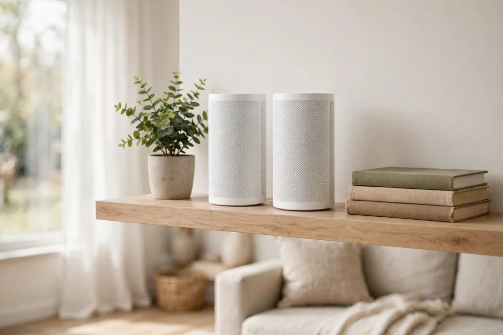 Mesh Wi-Fi router units on a shelf at home